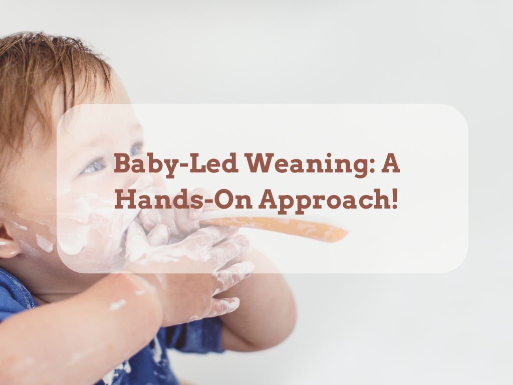 Adorable baby happily self-feeding with a spoon, exploring baby-led weaning with curiosity and joy.
