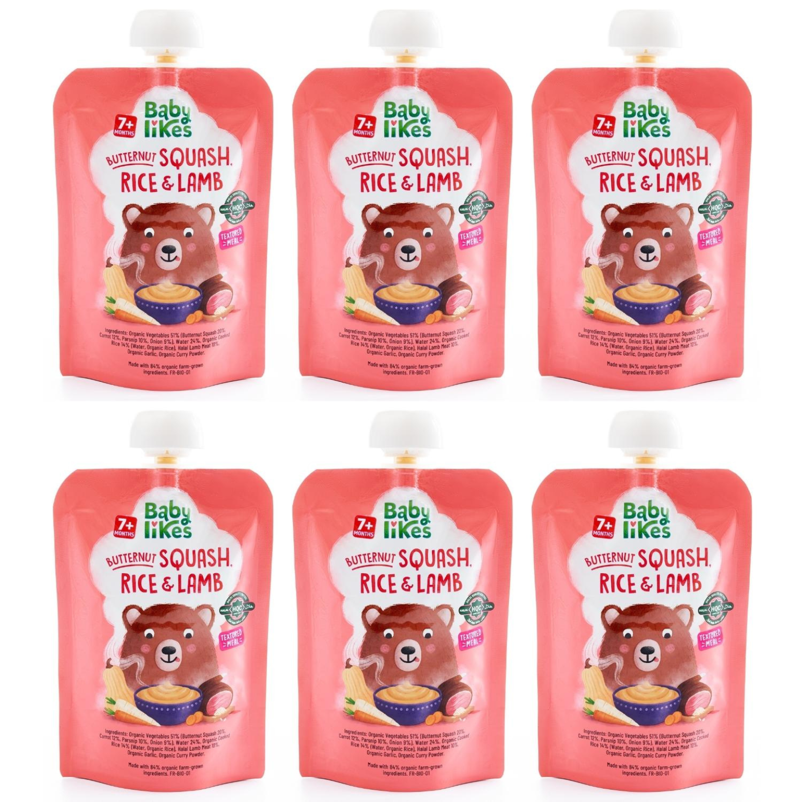 Six pouches of Baby Likes Butternut Squash, Rice and Lamb 130g baby food, neatly arranged to showcase organic, halal-certified weaning meals