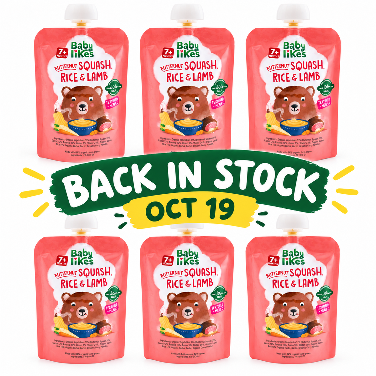 Halal Baby Food Pouches Made with Organic Ingredients – Butternut Squash, Rice and Lamb Stew (Stage 2 Weaning, 7+ Months) | 6 x 130g | No Added Sugar, No Preservatives, No Added Salt