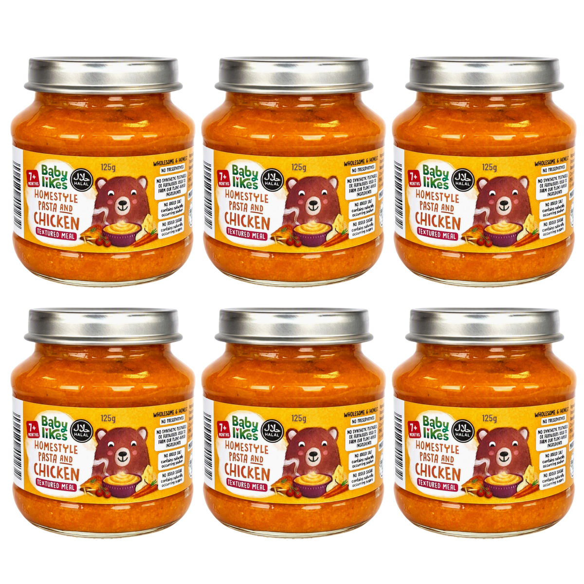 Baby Likes Homestyle Pasta and Chicken Baby Food Jars, 125g (Pack of 6) – Halal, 7+ Months