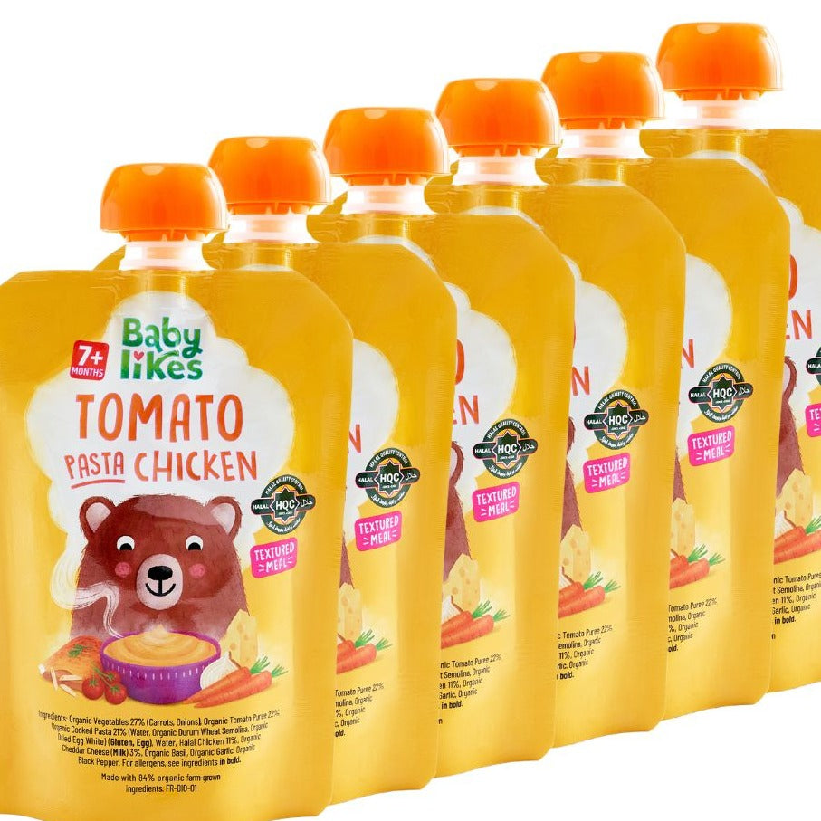 Six neatly lined Baby Likes Tomato Pasta Chicken 130g pouches, showcasing convenient, nutritious baby meals