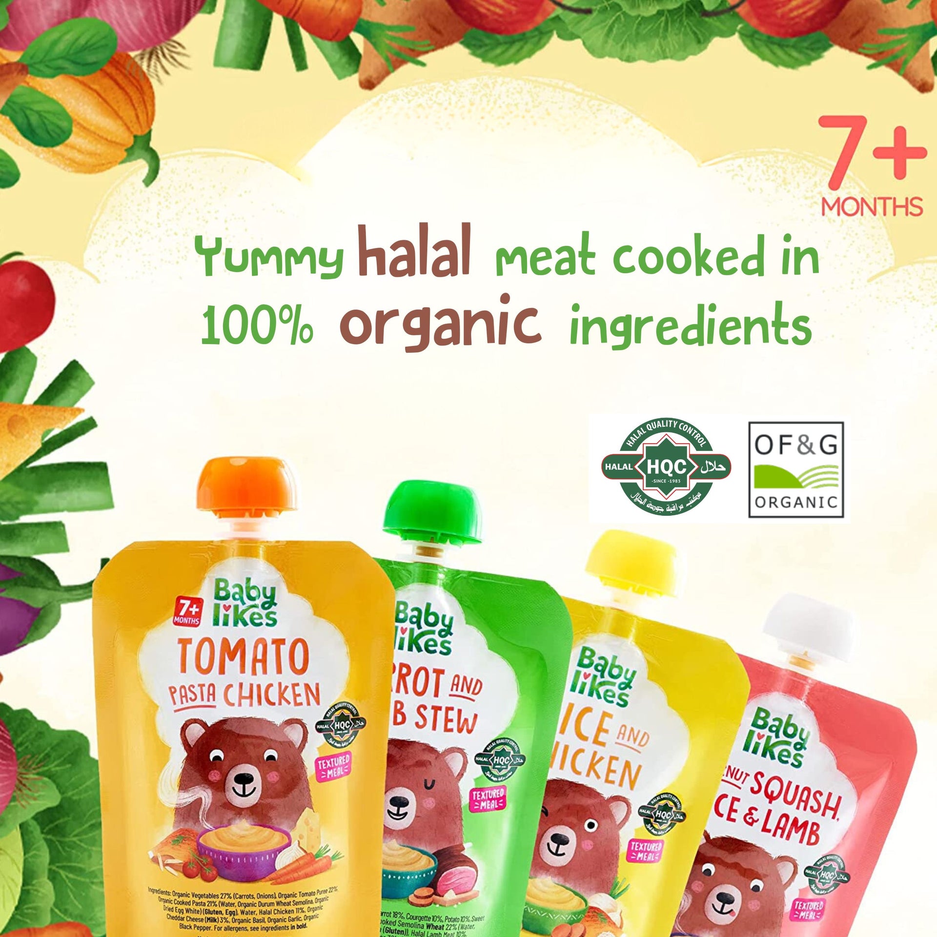 Load video: Video showcasing Baby Likes’ vibrant branding and baby food pouches, highlighting organic ingredients, halal certification, and nutritious meals loved by happy babies