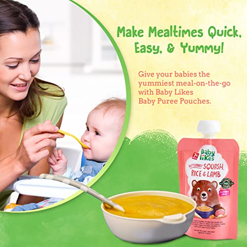 Mother feeding her adorable baby Baby Likes Butternut Squash, Rice and Lamb, with a bowl of the puree and its branded pouch displayed nearby, showcasing a wholesome, nutritious, and convenient weaning meal