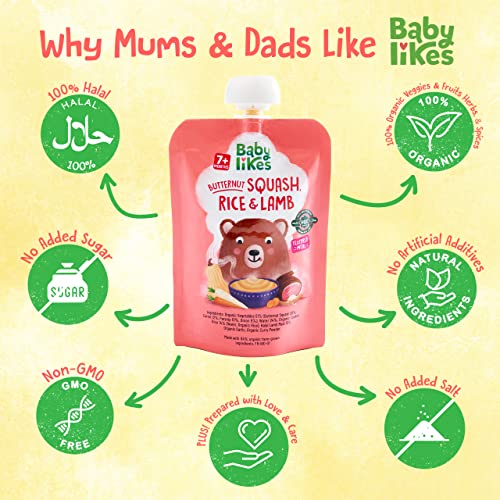 Poster of Baby Likes Carrot and Lamb Stew highlighting why mums and dads love it, featuring key benefits like halal certification, organic ingredients, and nutritious weaning-friendly meal