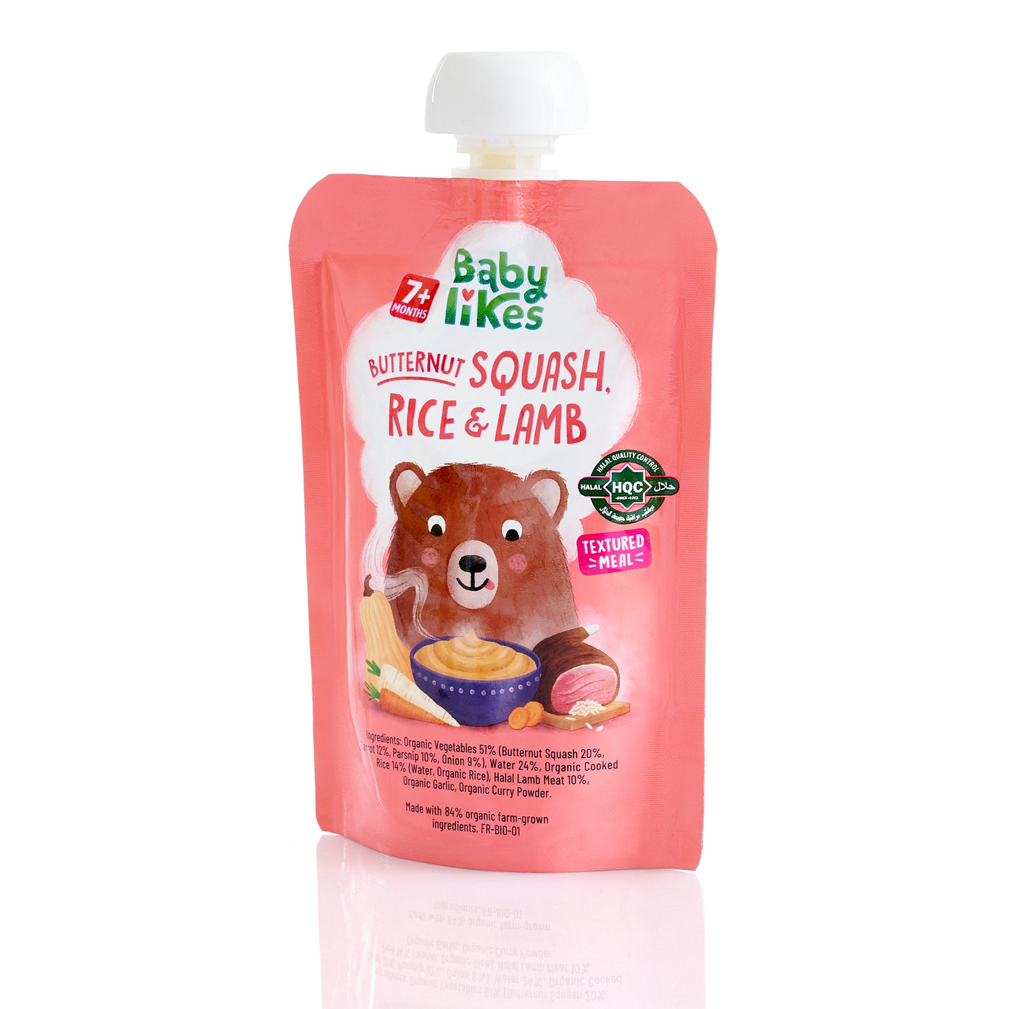 Front view of Baby Likes Butternut Squash, Rice and Lamb 130g baby food pouch highlighting organic ingredients and halal-certified branding
