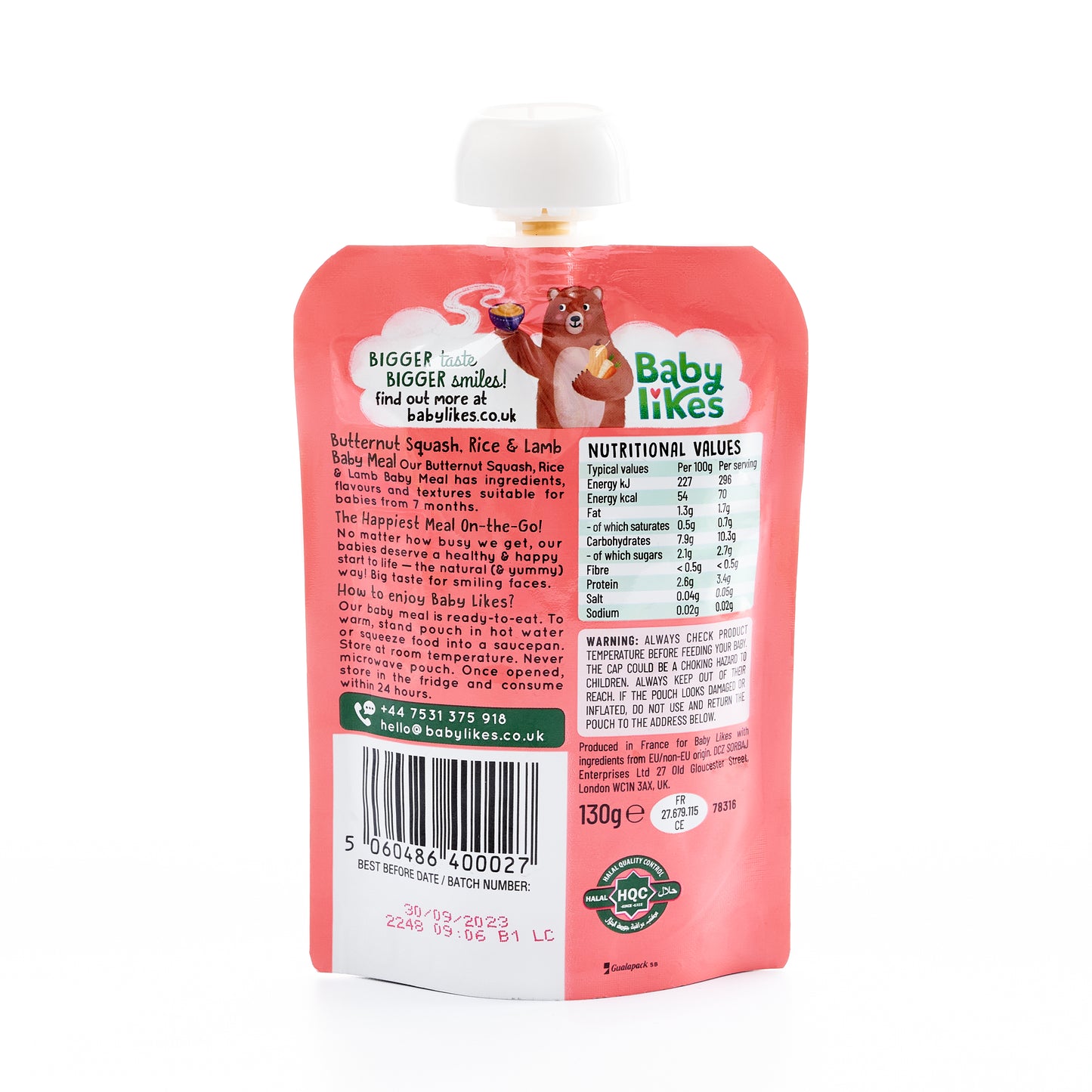 Back view of Baby Likes Butternut Squash, Rice and Lamb 130g baby food pouch showcasing halal-certified branding and nutritional information